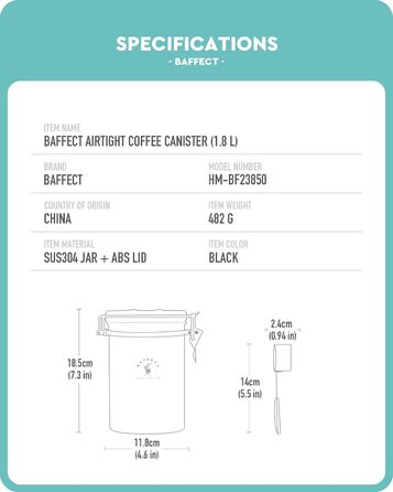 Герметичная банка для кофе 1,8 л, черная Baffect