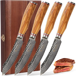 Набор из 4 дамасских ножей для стейка с рукоятками из оливкового дерева 12,5 см Wakoli Exclusive 