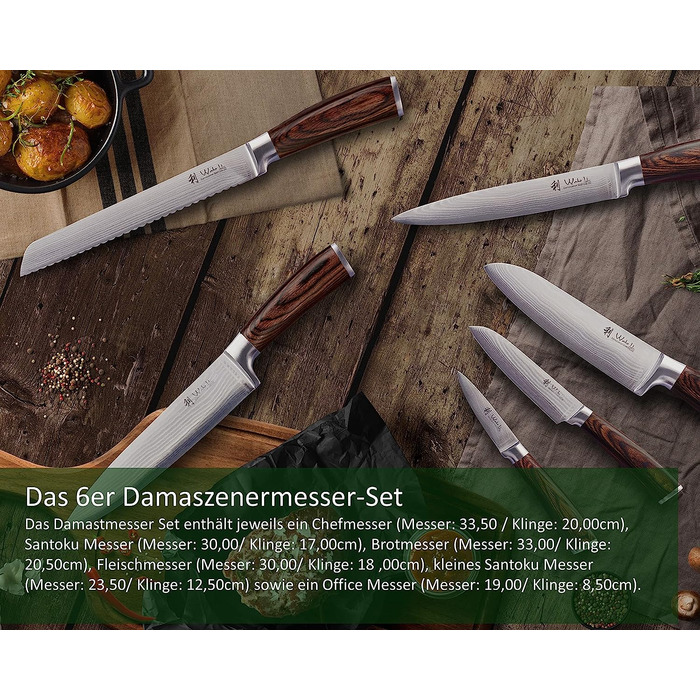 Профессиональный набор из 6 кухонных ножей из натуральной японской дамасской стали с деревянными ручками из пакки Wakoli Edib