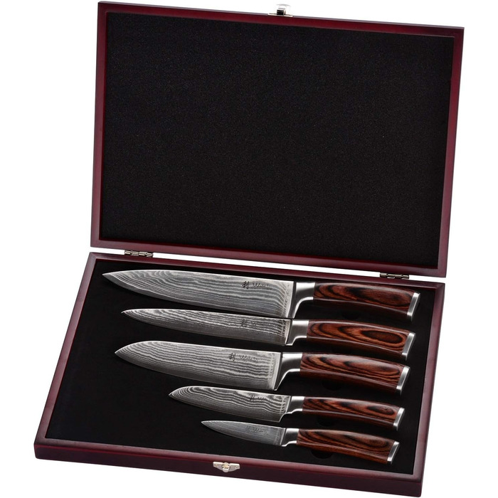 Набор из 5 ножей из японской дамасской стали с ручками из дерева пакка Series  EDIB Wakoli