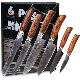 Набор из 6 ножей для шеф-повара из натуральной дамасской стали с деревянными ручками Wakoli Edib Pro