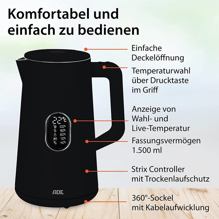 Энергосберегающий чайник ADE / 1800 Вт / 1,5 л / с регулировкой температуры  40-100°C / BPA Free