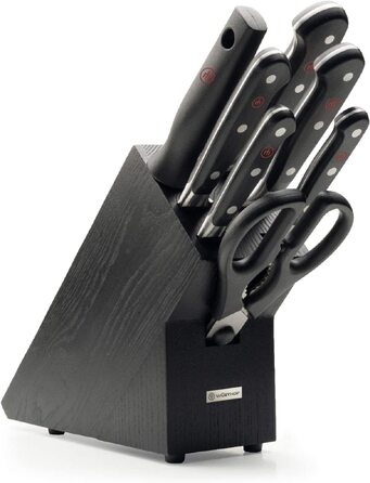 Набор WÜSTHOF Classic 5 ножей из нержавеющей стали + ножницы + точилка для ножей, с черной подставкой из ясеня