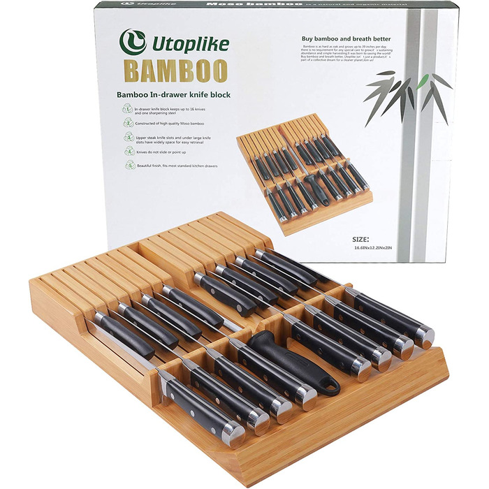 Подставка для ножей Utoplike из бамбука, вмещает 16 ножей и одну точилку для ножей