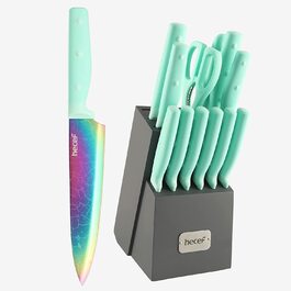 Набор ‎Hecef 14 ножей с цветным титановым покрытием + ножницы из нержавеющей стали + точилка для ножей, с подставкой, зеленый