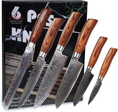 Набор из 6 ножей для шеф-повара из натуральной дамасской стали с деревянными ручками Wakoli Edib Pro