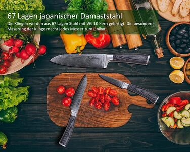 Набор из 3 профессиональных кухонных ножей из настоящей японской дамасской стали с деревянными ручками Wakoli Edis
